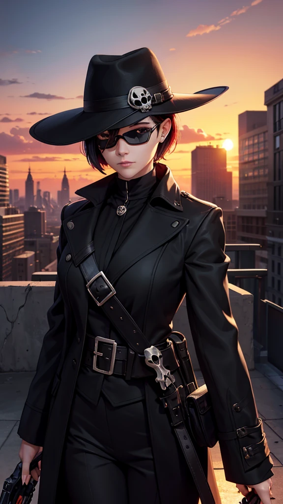 A city with a beautiful sunset with a woman with short hair and dark glasses and a black coat and black hat and a skull mask and an eye patch and an improved Snipper and aiming 