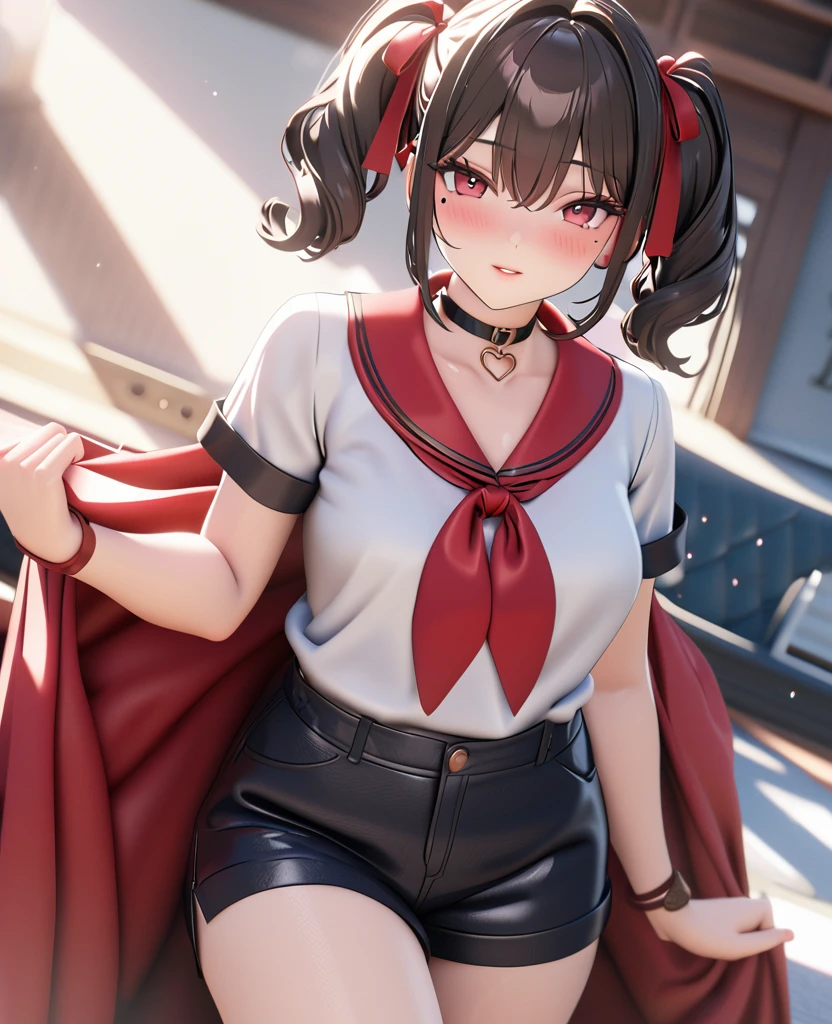 masterpiece, best quality, highly detailed, high resolution, expensive resolution, high resolution, 4K, 8k, uniform 8k wallpaper, highly detailed CG, masterpiece, 2D, 3D, beautiful details, depth, fine texture, best quality: 1.3, perfectly focused, crispy. skin, him, cute anime 20s girl, her name is Mei, idol, expensive brown short twin tails, mole under eye, looking at the viewer, cowboy shorts, expensive, blush, mole, plump lips, heart, pink eyes, heart shaped choker
