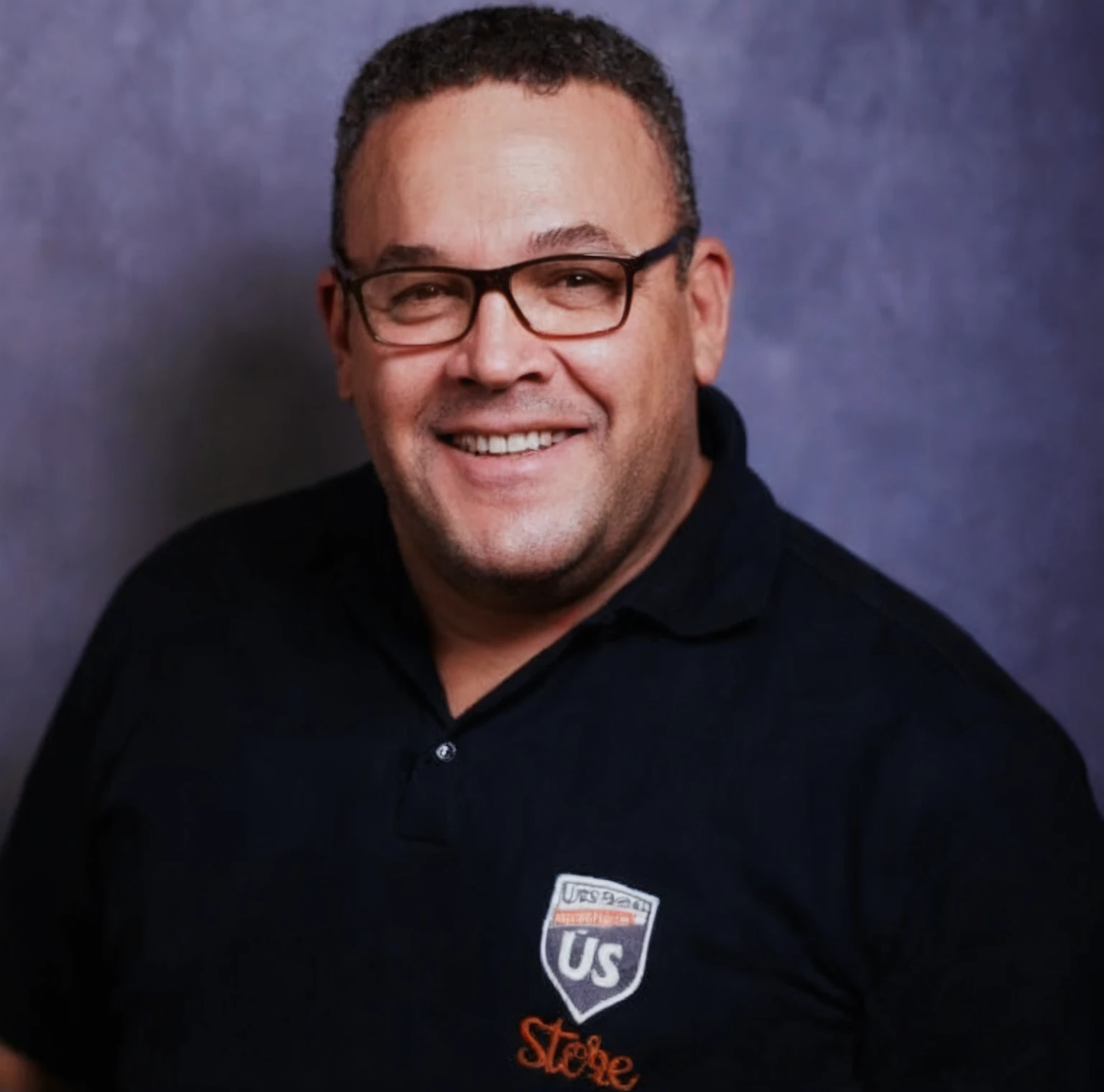 A dark man with curly hair, black t-shirt with writing "US" in orange, square and smiling glasses