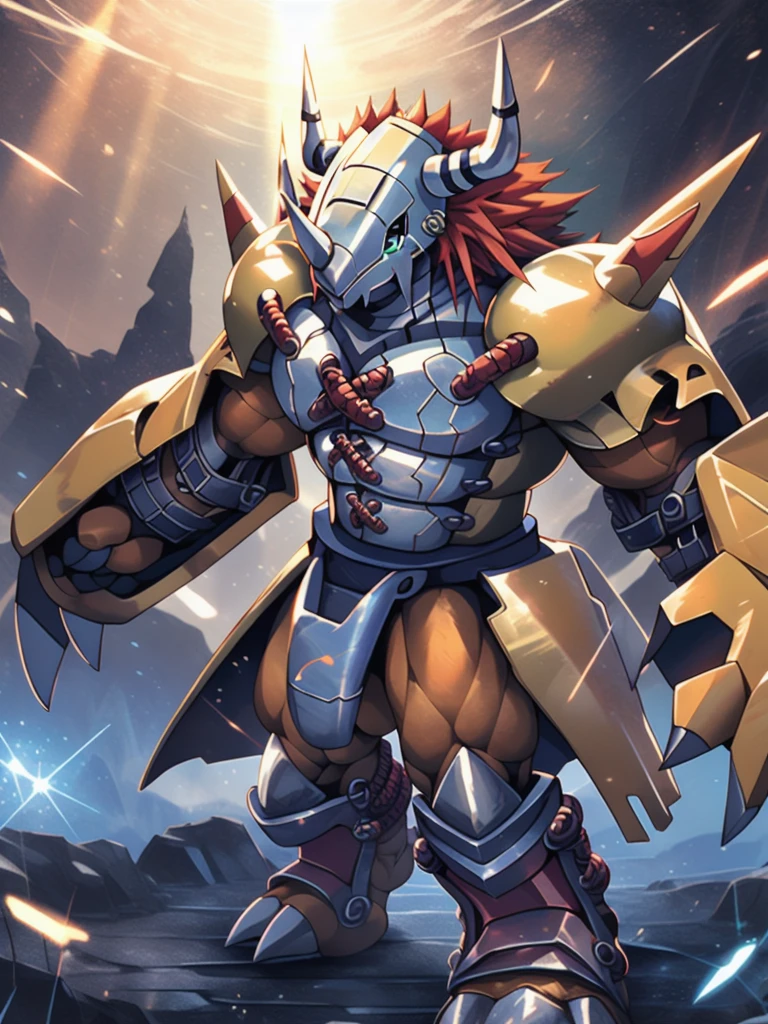 masterpiece,Official Art,Humanity,male,(WarGreymon:1.2),Delicate face,Delicate eyes,Helmet, armor, Horn, Digimon, Upper Body, Depth of written boundary, Perfect lighting, Particles of light,(Highest quality),(masterpiece),(Super detailed),Sharp focus,Particles of light
