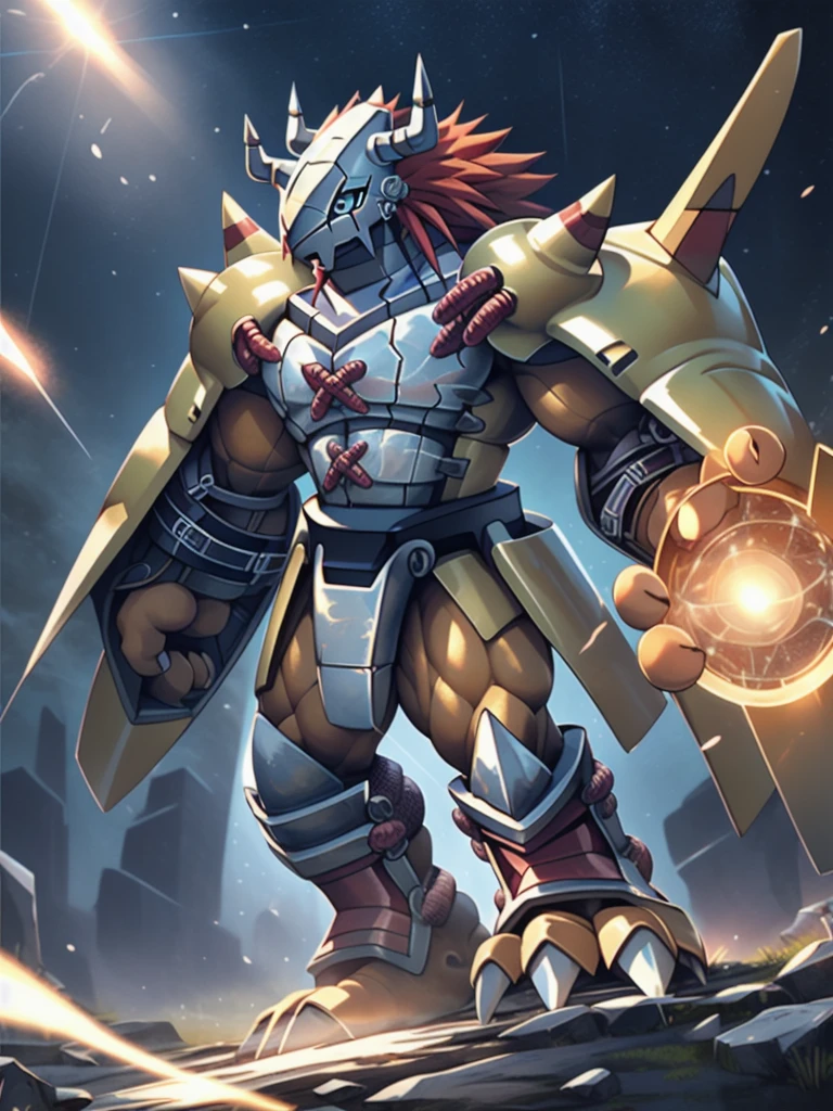 masterpiece,Official Art,Humanity,male,(WarGreymon:1.2),Delicate face,Delicate eyes,Helmet, armor, Horn, Digimon, Upper Body, Depth of written boundary, Perfect lighting, Particles of light,(Highest quality),(masterpiece),(Super detailed),Sharp focus,Particles of light
