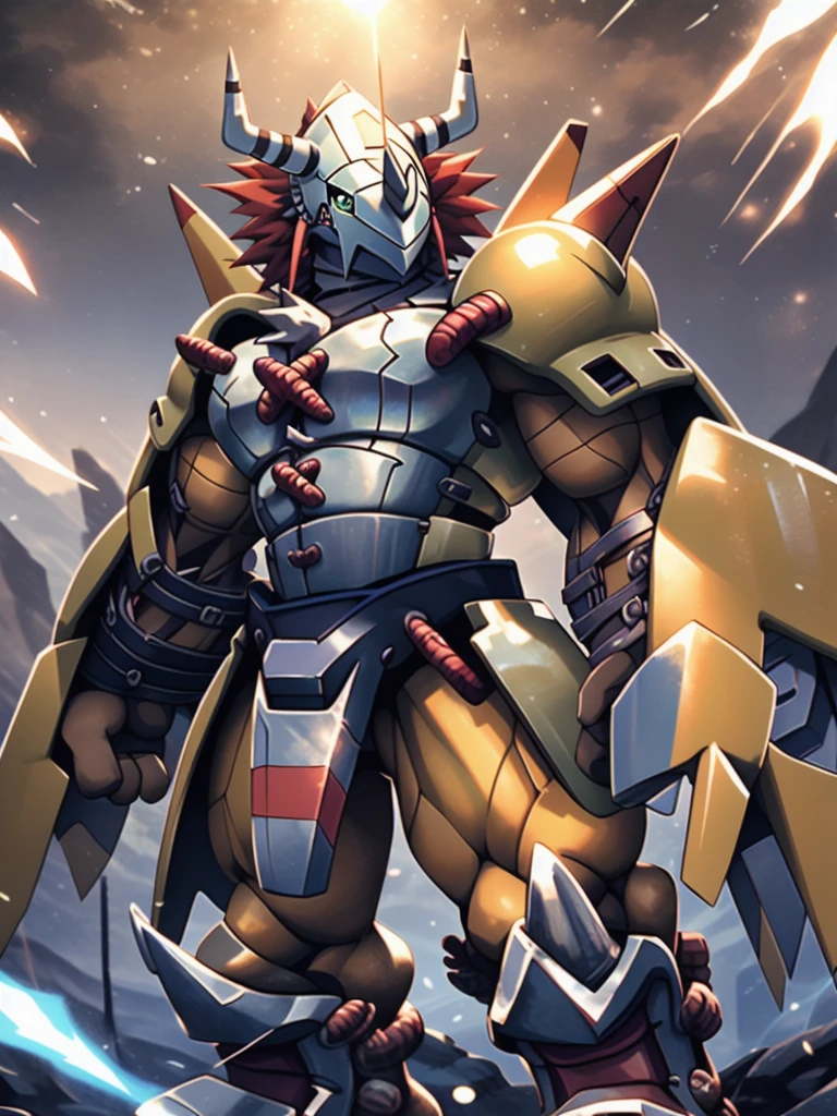 masterpiece,Official Art,Humanity,male,(WarGreymon:1.2),Delicate face,Delicate eyes,Helmet, armor, Horn, Digimon, Upper Body, Depth of written boundary, Perfect lighting, Particles of light,(Highest quality),(masterpiece),(Super detailed),Sharp focus,Particles of light
