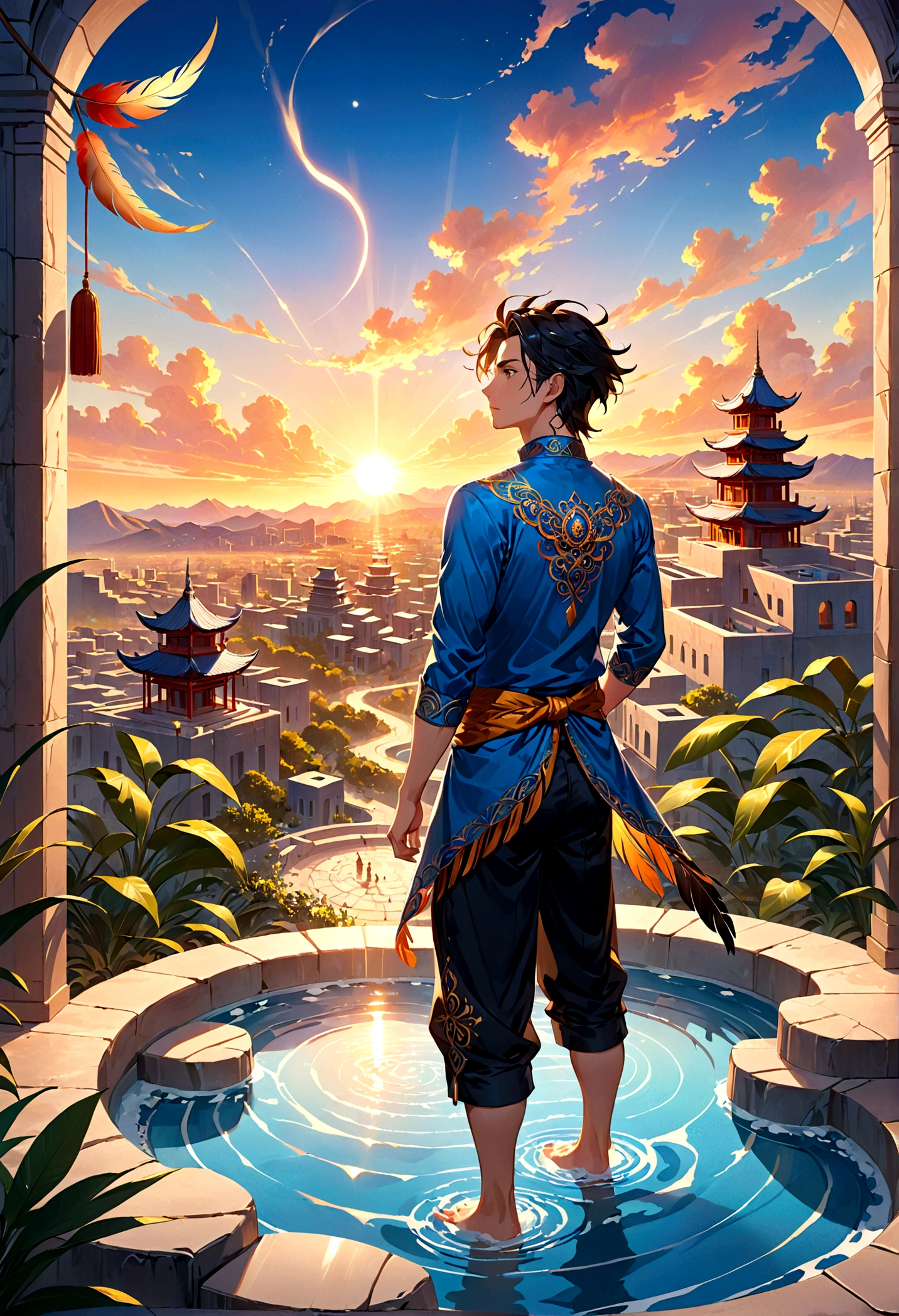 Official Art、Unity 8k wallpaper、Very detailed、Zen Tangle and Mandala Tangle Masterpiece:1.2、Cowboy dynamic angle、Capturing the most beautiful chaotic shapes。 Gorgeous brutalist design、Bathe in the golden light of the Sun God、Decorated with strong cowboy, His feathers shone with the vivid colors of a thousand sunsets。The whole scene is full of the romance of the western frontier.、Distant city view at dusk background。  Cowboy at sunset、