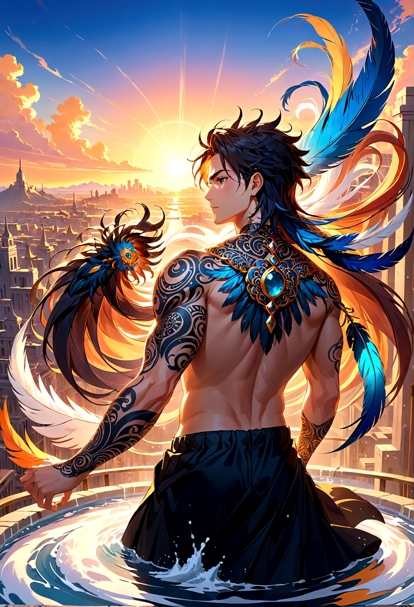 Official Art、Unity 8k wallpaper、Very detailed、Zen Tangle and Mandala Tangle Masterpiece:1.2、Cowboy dynamic angle、Capturing the most beautiful chaotic shapes。 Gorgeous brutalist design、Bathe in the golden light of the Sun God、Decorated with strong cowboy, His feathers shone with the vivid colors of a thousand sunsets。The whole scene is full of the romance of the western frontier.、Distant city view at dusk background。  Cowboy at sunset、