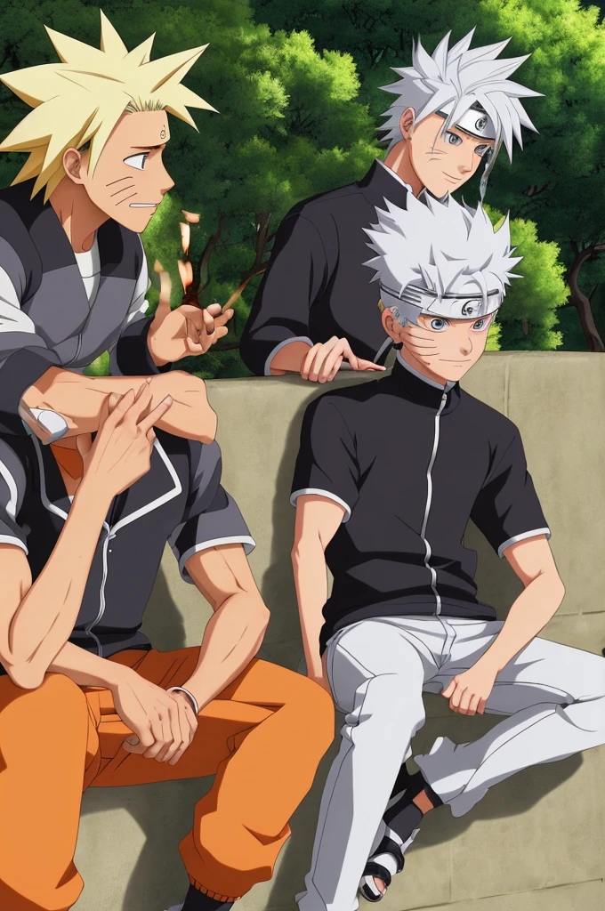 a naruto-style cartoon image of two well-dressed men, both have the same height, one has darker skin and white hair and the other has lighter skin and highlighted hair, the two are young and are talking and smoking marijuana and sitting on a wall, they are near a lawn and the sun is setting