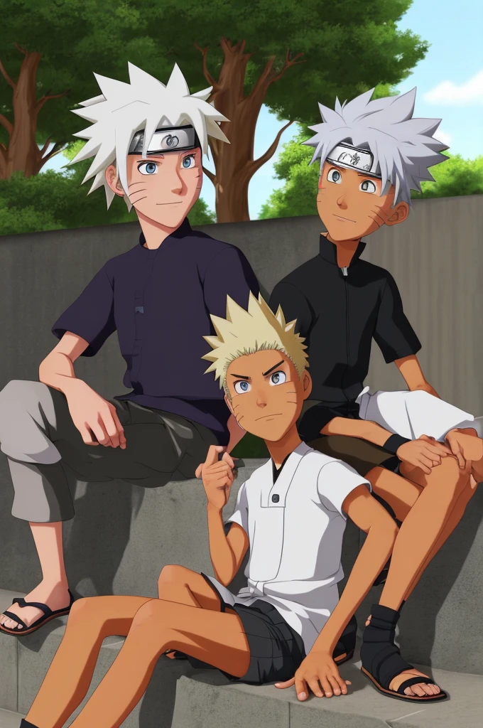 a naruto-style cartoon image of two well-dressed men, both have the same height, one has darker skin and white hair and the other has lighter skin and highlighted hair, the two are young and are talking and smoking marijuana and sitting on a wall, they are near a lawn and the sun is setting