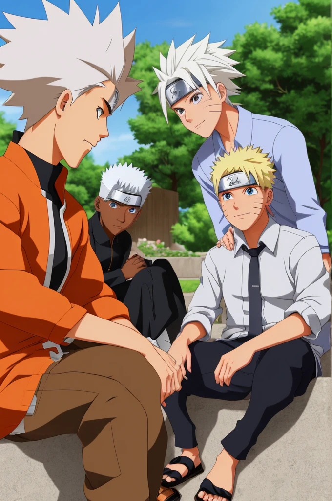 a naruto-style cartoon image of two well-dressed men, both have the same height, one has darker skin and white hair and the other has lighter skin and highlighted hair, the two are young and are talking and smoking marijuana and sitting on a wall, they are near a lawn and the sun is setting
