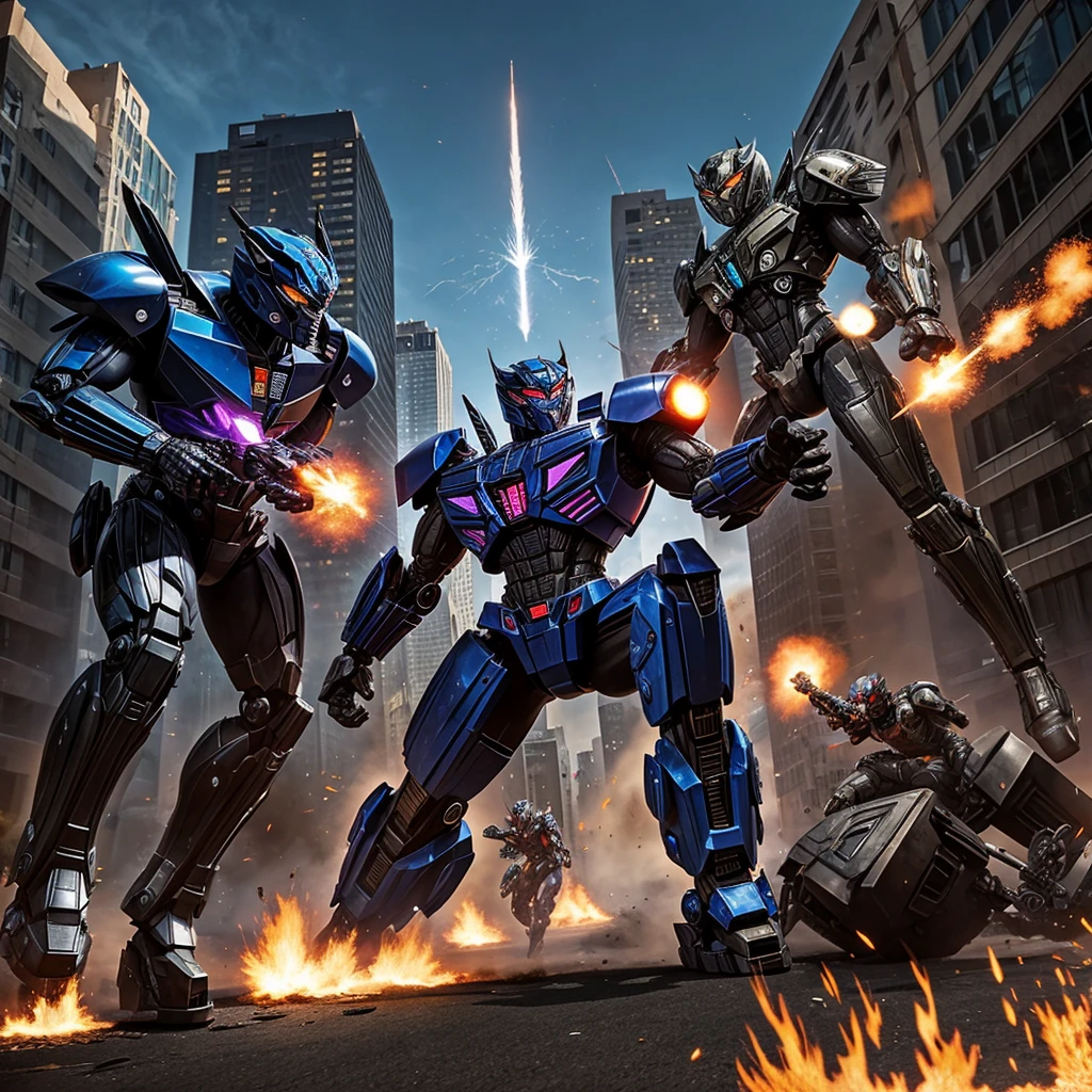 A transformer based on a spider (Decepticon) fights a transformer themed around a Cheetah (Autobot), robot battle in New York, explosions, high action