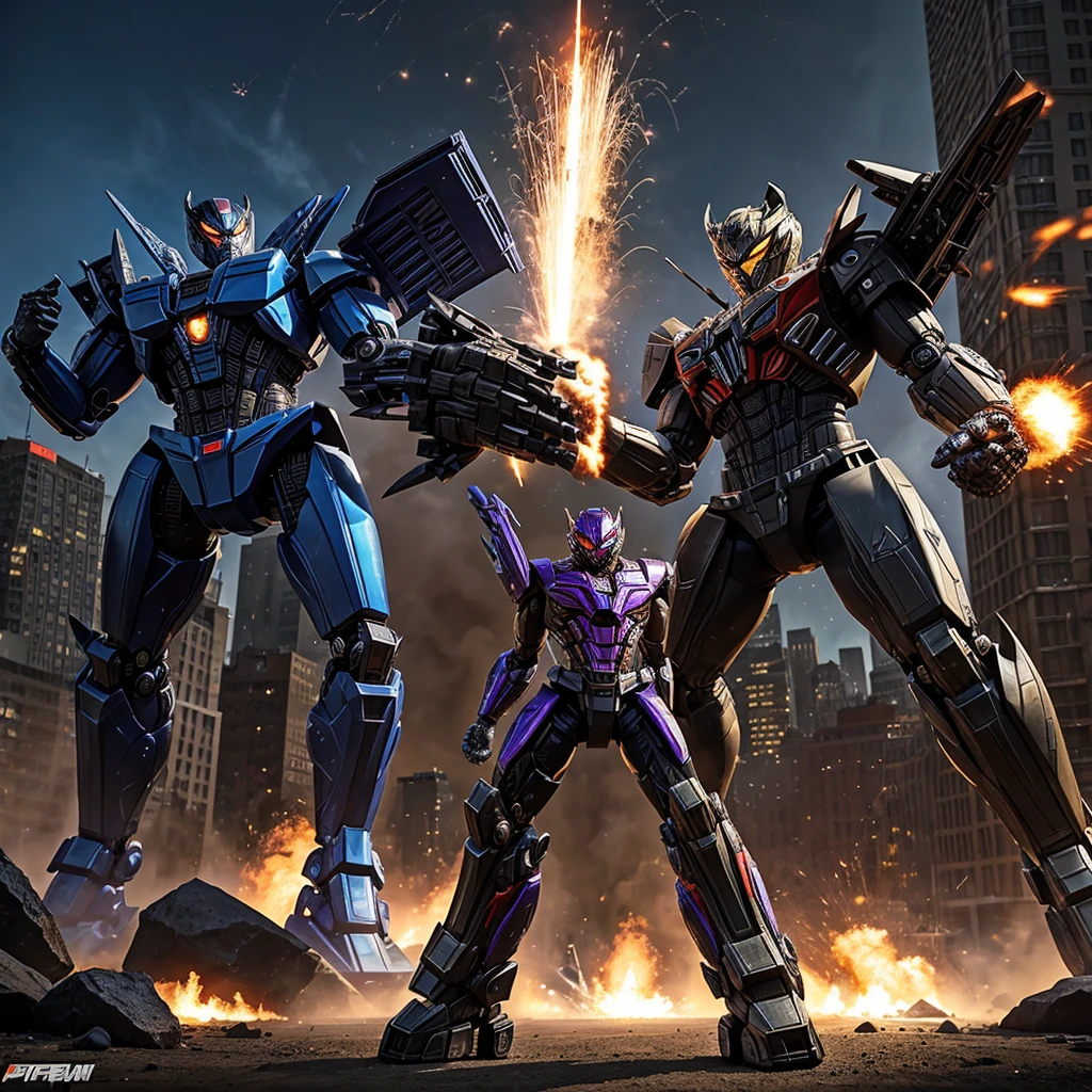 A transformer based on a spider (Decepticon) fights a transformer themed around a Cheetah (Autobot), robot battle in New York, explosions, high action