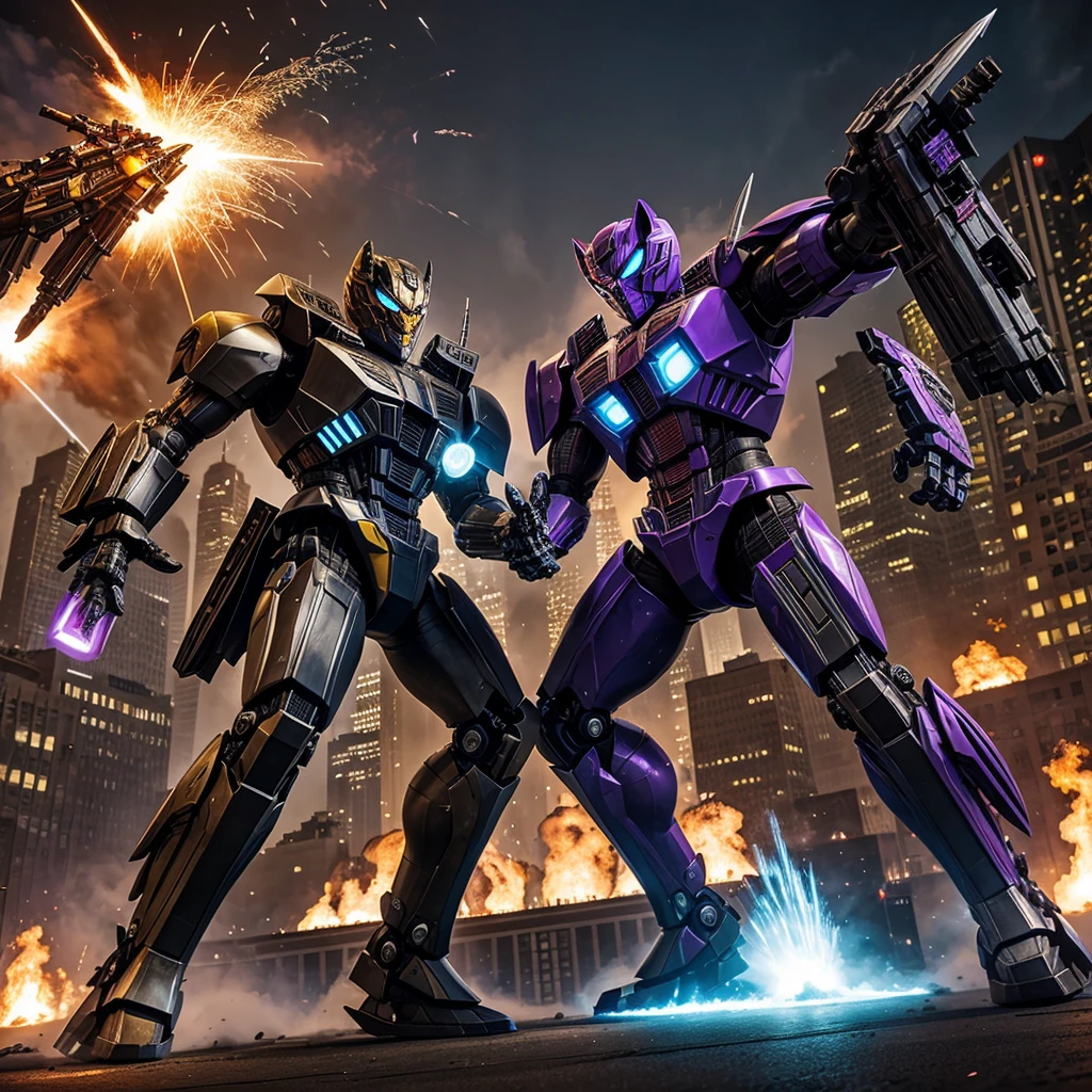 A transformer based on a spider (Decepticon) fights a transformer themed around a Cheetah (Autobot), robot battle in New York, explosions, high action