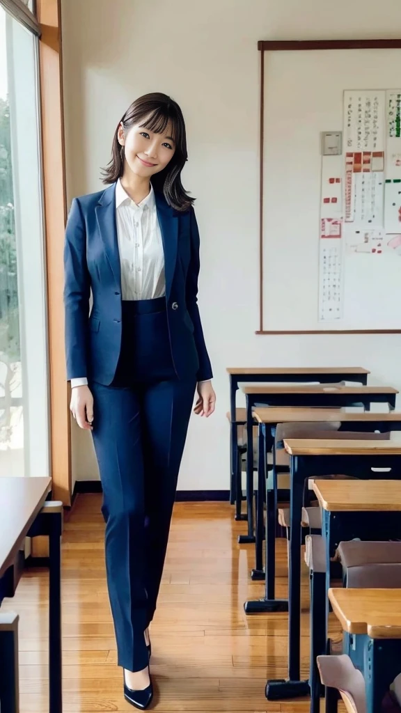 ((Japanese female teacher standing in a high school classroom:1.2))、A woman wearing a navy blue business suit、Very beautiful 24 year old young teacher、Wearing high heels、Wool suit、Wearing a white blouse under a suit、Natural color stockings、pantyhose、(Highest quality、high resolution、High resolution、masterpiece、High definition:1.3)、Detailed face and eyes、Detailed Hair、Shiny Hair、Clear photos、((whole body))