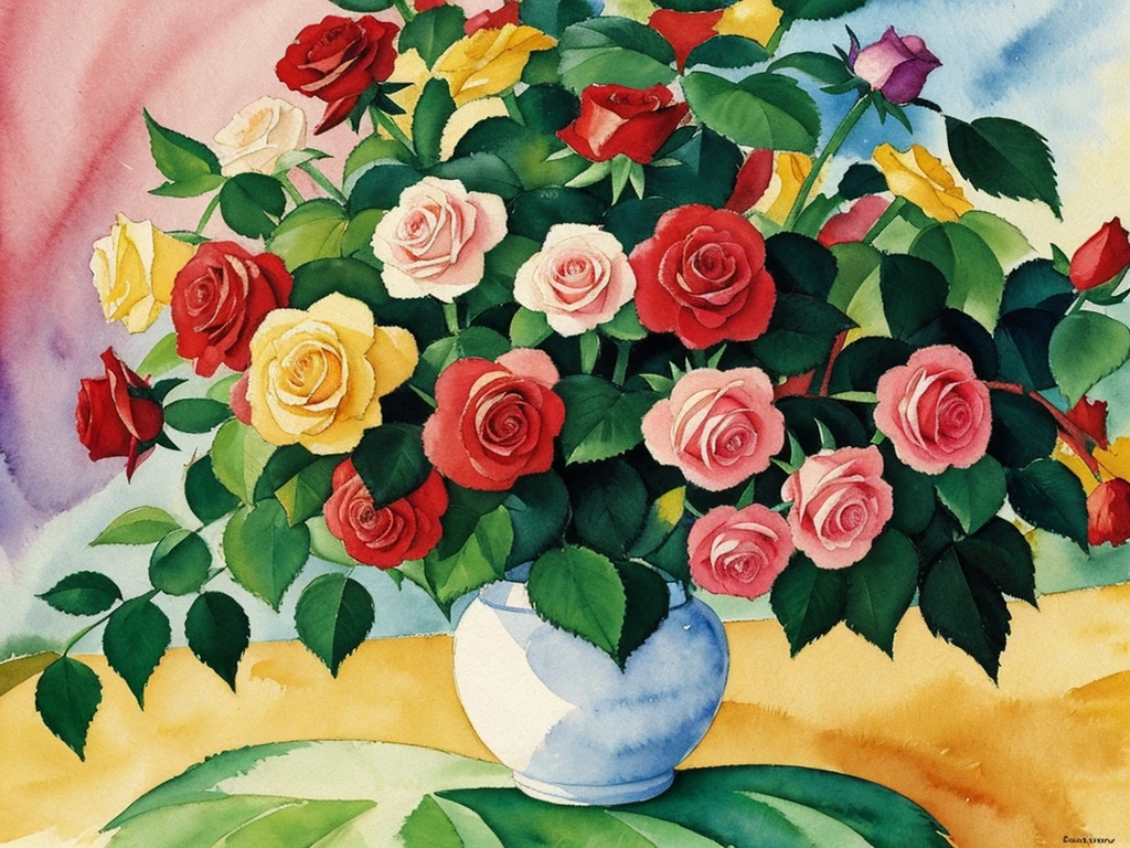 august macke style watercolor floral painting rose plants under sunshine