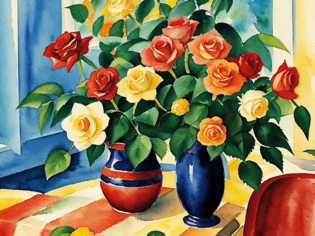 august macke style watercolor floral painting rose plants under sunshine
