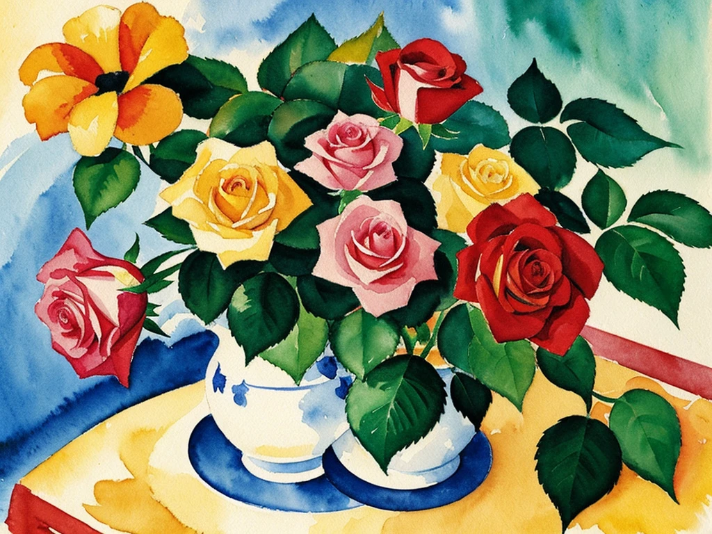 august macke style watercolor floral painting rose plants under sunshine
