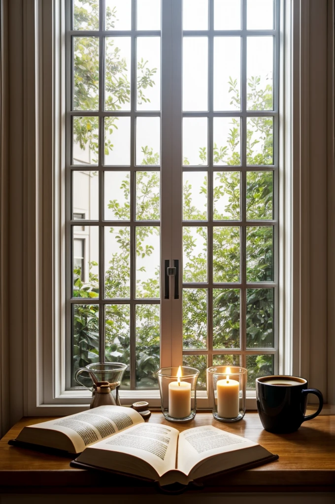 window raining cozy with books, coffee and candles