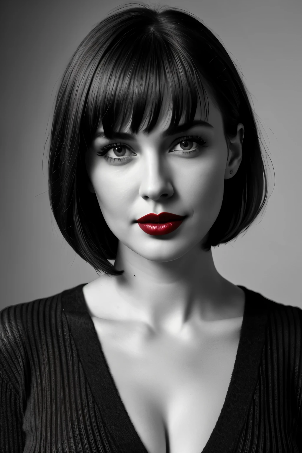 Tabletop, Highest quality, Realistic, Very detailed, finely, High resolution, 8k wallpaper, RAW Photos, Professional, High level of detail, 1 Girl, (((Black and white photography))), (((Red lips))), ((Looking into the camera)), (look forward to), Upper Body, short hair, Bob Hair, (Straight hair), Shapely breasts, Cleavage, White V-neck light knit sweater