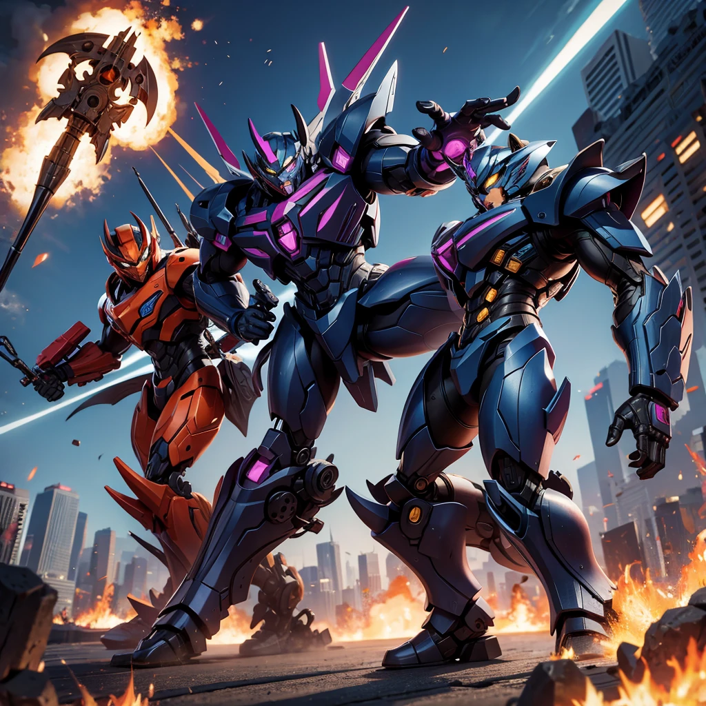 A transformer based on a spider (Decepticon) fights a transformer themed around a Cheetah (Autobot), robot battle in New York, explosions, high action