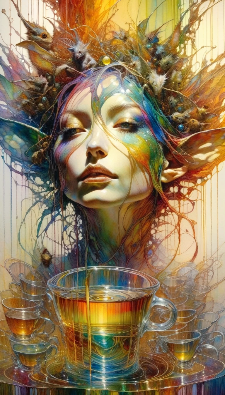 a rainbow that contains 10 cups of liquor inside (art inspired by Brian Froud and Carne Griffiths and Wadim Kashin, intricate details, oil painting)