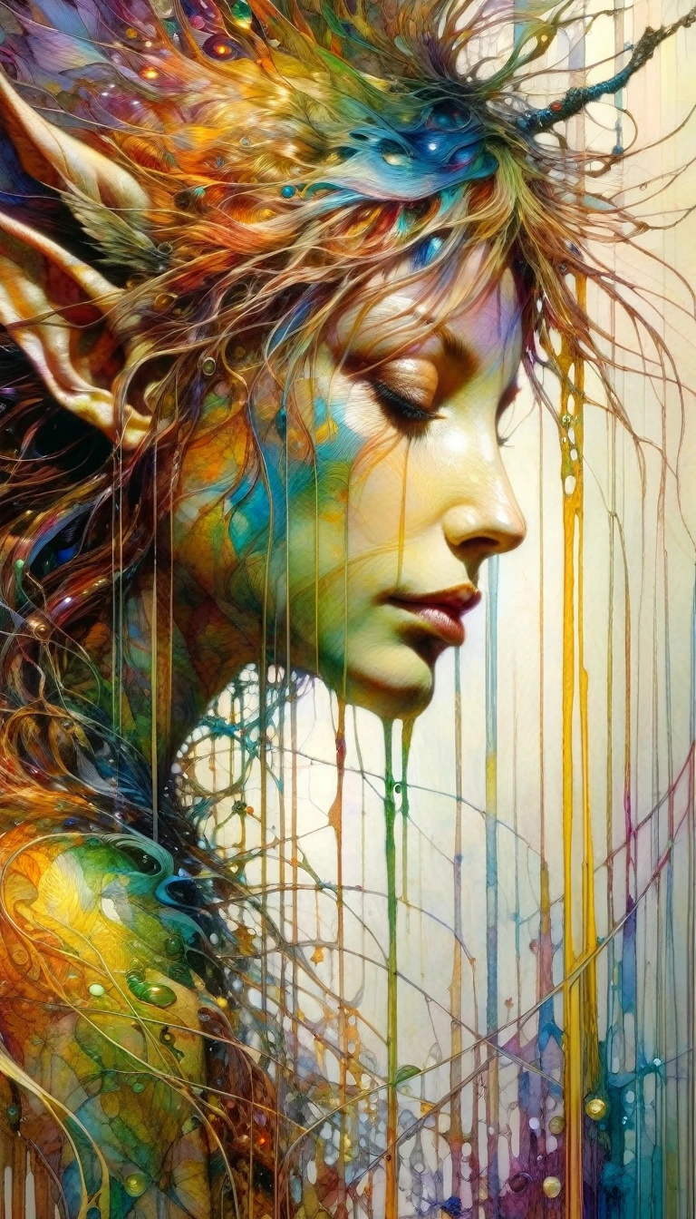 a rainbow that contains 10 cups of liquor inside (art inspired by Brian Froud and Carne Griffiths and Wadim Kashin, intricate details, oil painting)