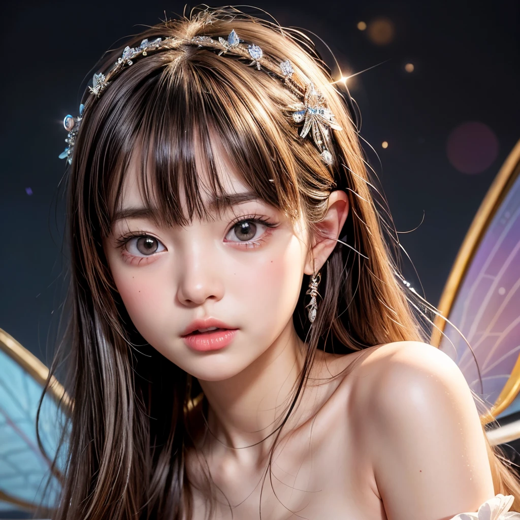 NSFW, 8k, High-level, absurd, masterpiece, best quality, primitive, very detailed CG, very detailed wallpaper, perfect lighting, Extremely detailed (((The personifying " Fairy " as a ))), MysticSight, Tyndall effect, Tyndall scattering, Studio gray background with (many Dazzling RainbowColor particles BokeH:1.28), (RoundlyButts, ThighGap), (Exposed:0.4), (Assfocus with looking ahead), BREAK (NOGIZAKA face variations) Extremely Detailed very KAWAII face variations, perfect anatomy, Childish, captivating gaze, elaborate detailed Eyes with (sparkling highlights:1.28), long eyelashes、Glossy RED Lips with beautiful details, Coquettish tongue, Rosy cheeks, Radiant PearlSkin with clear transparency . { (Dynamic LifeLike expressions:1.4) | :d) }, (large eyes:-1) .