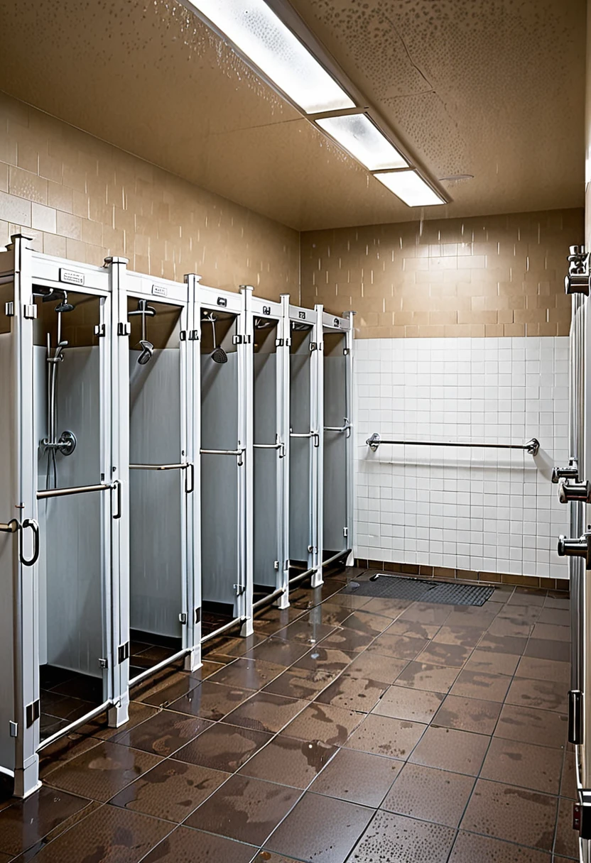 4 empty shower stalls in a row in a fitness center, in the fifth shower stall a woman stands under streams of water from a shower head, in front of the stalls, another woman wrapped in a towel walks towards the exit from the shower room 
