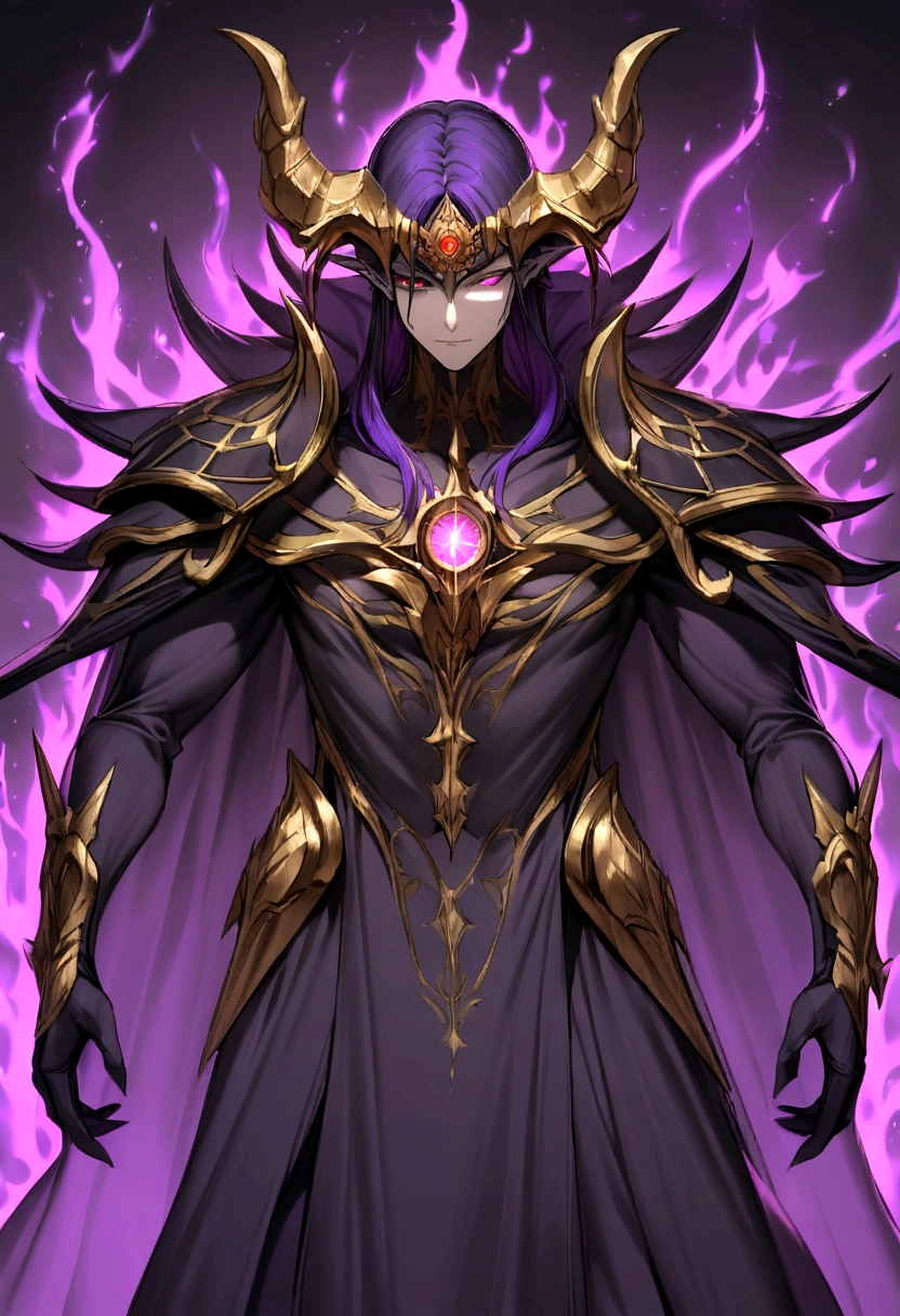 also known as the Demonic Emperor, possesses a striking appearance. He is a very handsome, innocent-looking man with a small stature. His features include:

Hair Color: Black, with a unique left eye that glows gold (known as the Divine Eye of the Void) and a right eye that shifts between dark purple and light purple-red.
Clothing: He wears a billowing black cloak, which conceals a sheathed but powerful sword.
Aura: Despite his unassuming appearance, there’s an undeniable dread and power emanating from him that affects all who encounter him1