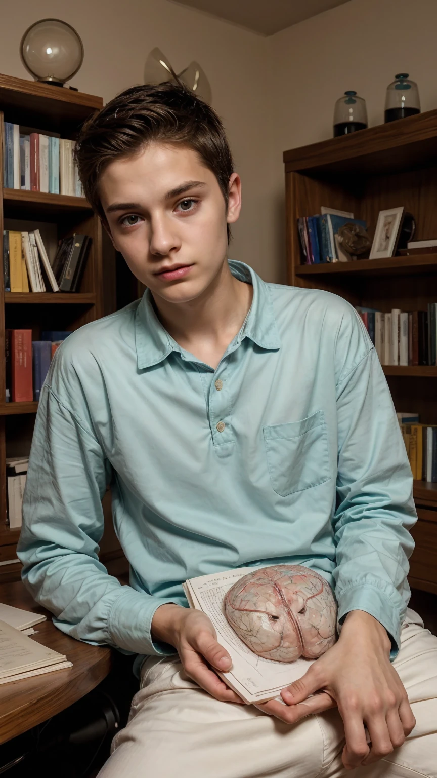 A young male twink, cute and beautiful, with a beautiful face with makeup and blush, and black hair, and his eyes have dark circles under them. He is wearing a long-sleeved aquamarine shirt and white jeans. He is in his scientific office, studying on the blackboard with brain ??????? written on it, and on his desk are medical and scientific books.  Brain ??????? manuscripts