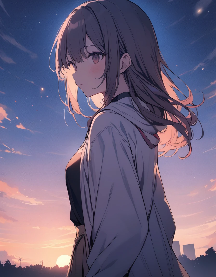 One girl,At dusk、It's dusk、Multicolored Hair, Shoulder-length hair, Retro costumes, , Sideways glance, Sitting, Hyper Pop, Retro feel, overview, masterpiece, Highest quality,