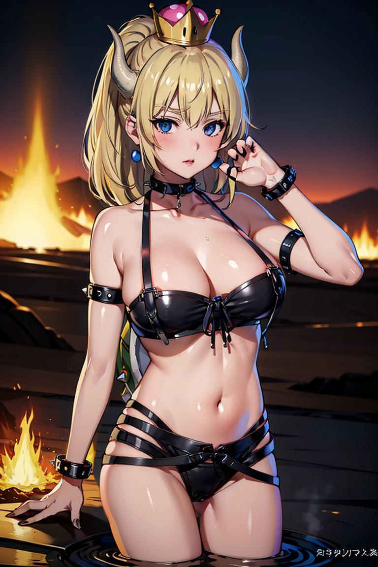 best quality, high resolution, large breasts, blonde hair, blush, embarrassed, cowboy shot, looking at viewer, bowsette, pink lip, (into the volcano), (bathing in lava), sexy legs, black bondage outfit, (((oiled body))), 