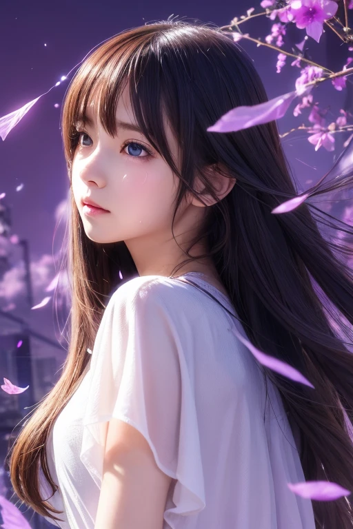(anime),(cute)(masterpiece), (Highest quality),One girl,Upper Body,(Double exposure:1.2),(Simple Background:1),Bold、clear、bright-PURPLE、shed tears、Cry、Natural、Clear、Turn、 (Movie angle),(Dynamic Angle),Disheveled long hair,(Low contrast),(Flat Color:0.7)