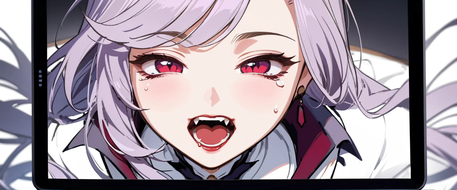 (masterpiece, best quality:1.2), 1girl, solo, Sonata, vampire, purple hair, in hads white tablet screen to viewer, sex face with tears of happiness and mouth