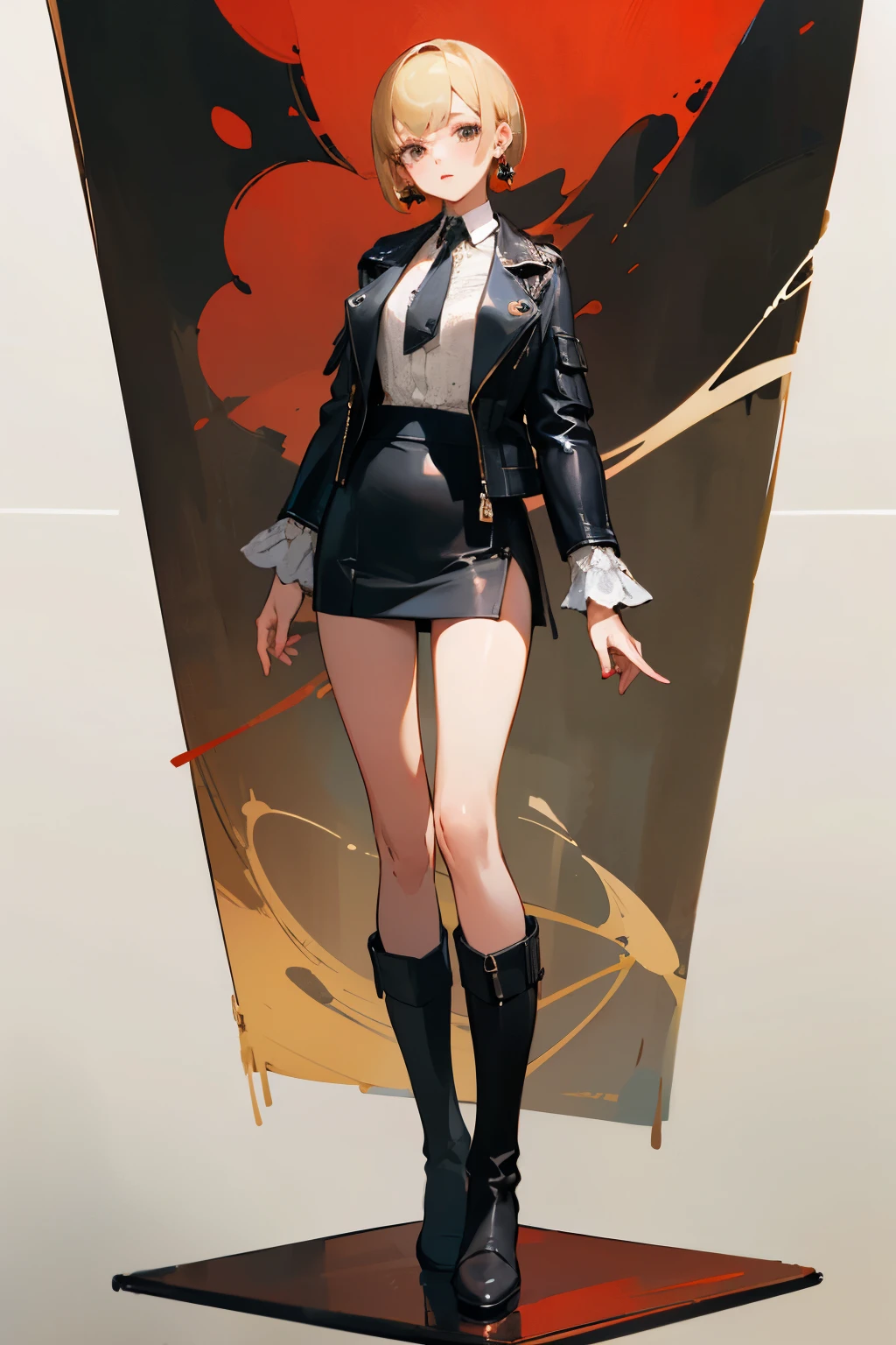 ((Highest quality)), ((masterpiece)), (detailed), high resolution,One girl,Full-body standing illustration,Blonde,career woman,short hair,Lace sleeves,White blouse,Black tie,Black leather jacket,Red earrings,mini skirt,tights,boots