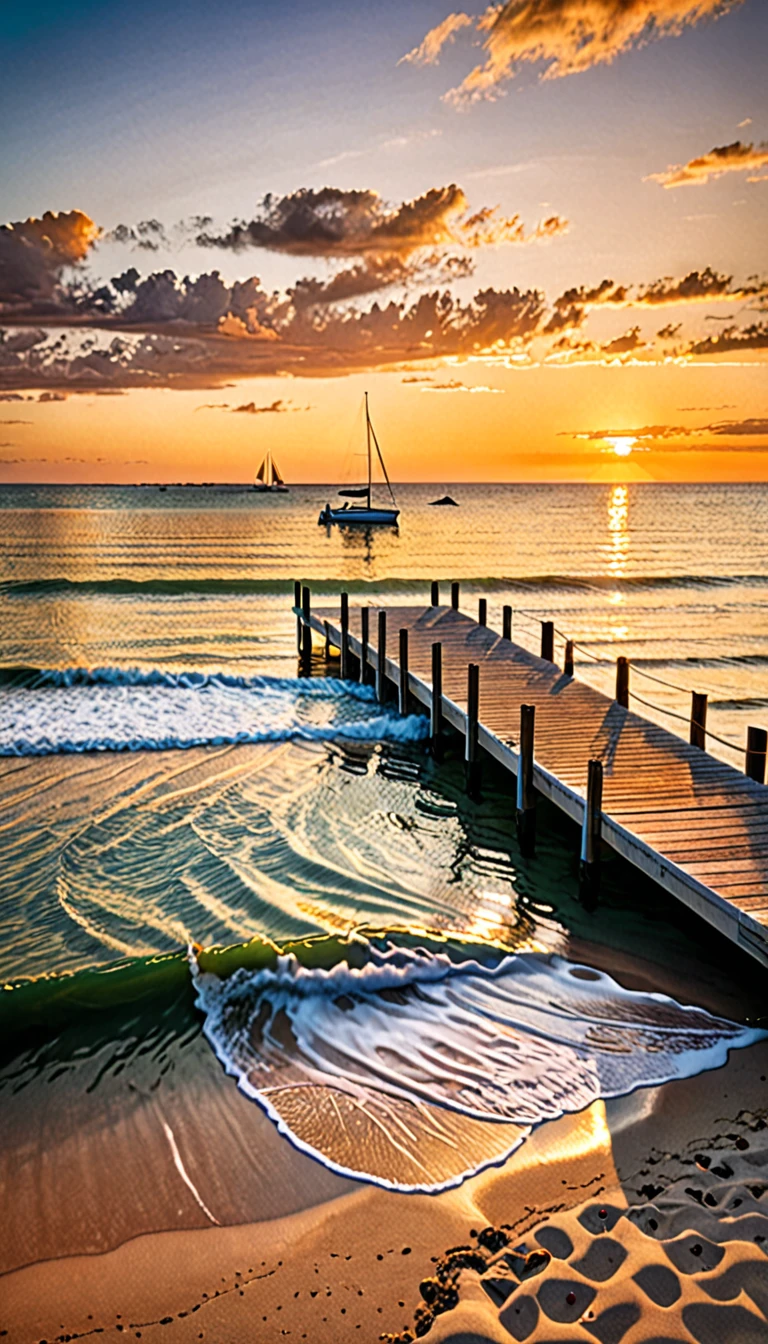 a beautiful photograph of a beach with a dock in the background, sunset, gentle waves, sailboat in the distance, intricately detailed, national geographic photo,