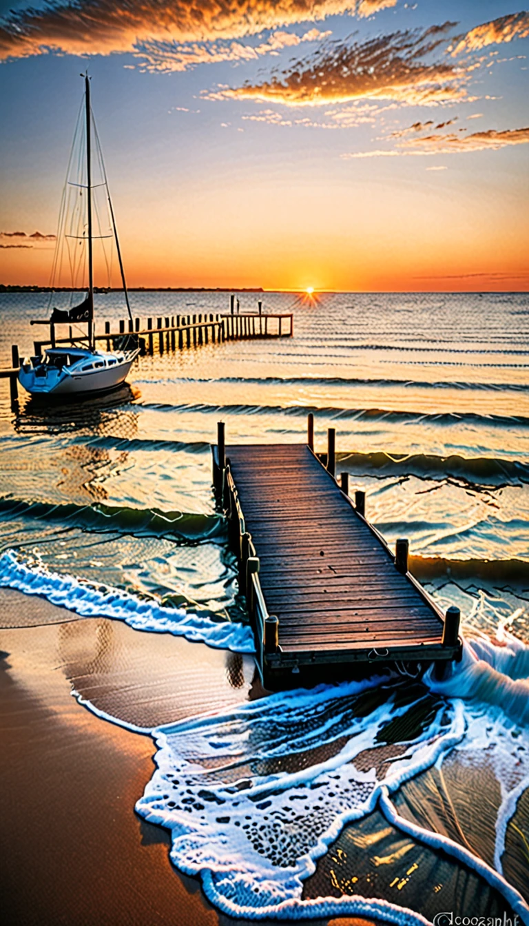 a beautiful photograph of a beach with a dock in the background, sunset, gentle waves, sailboat in the distance, intricately detailed, national geographic photo,