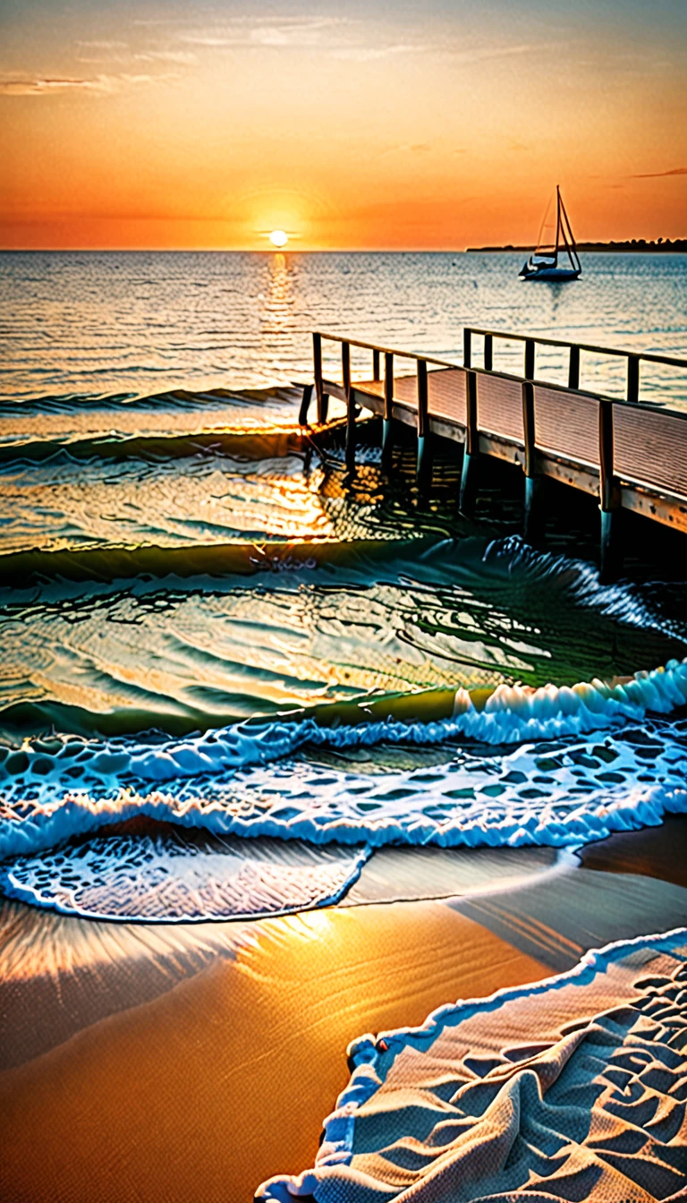 a beautiful photograph of a beach with a dock in the background, sunset, gentle waves, sailboat in the distance,  intricately detailed, national geographic photo, 