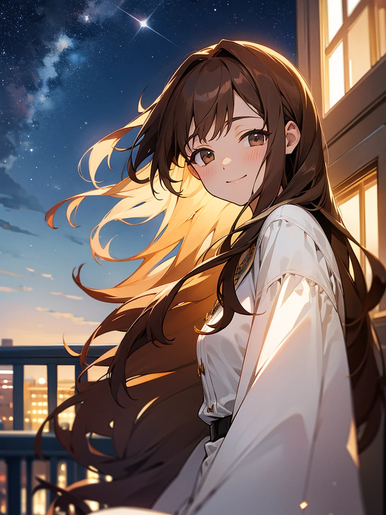 Starry sky, balcony, older sister, smile, apartment, long hair, brown hair, white blouse