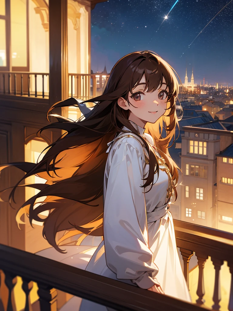 Starry sky, balcony, older sister, smile, apartment, long hair, brown hair, white blouse