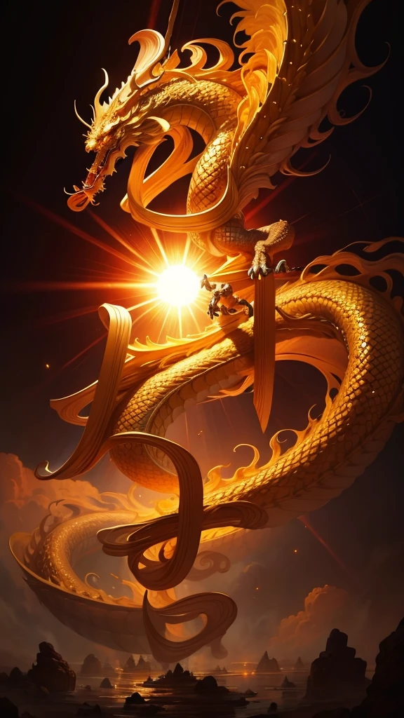 masterpiece,Golden Chinese Dragon, Surrounded by gold dust,Long wavy body,Fangs,fantasy, myth, high quality, Very detailed, masterpiece, epic,Particle Effects,dynamic effect,The sun in the background