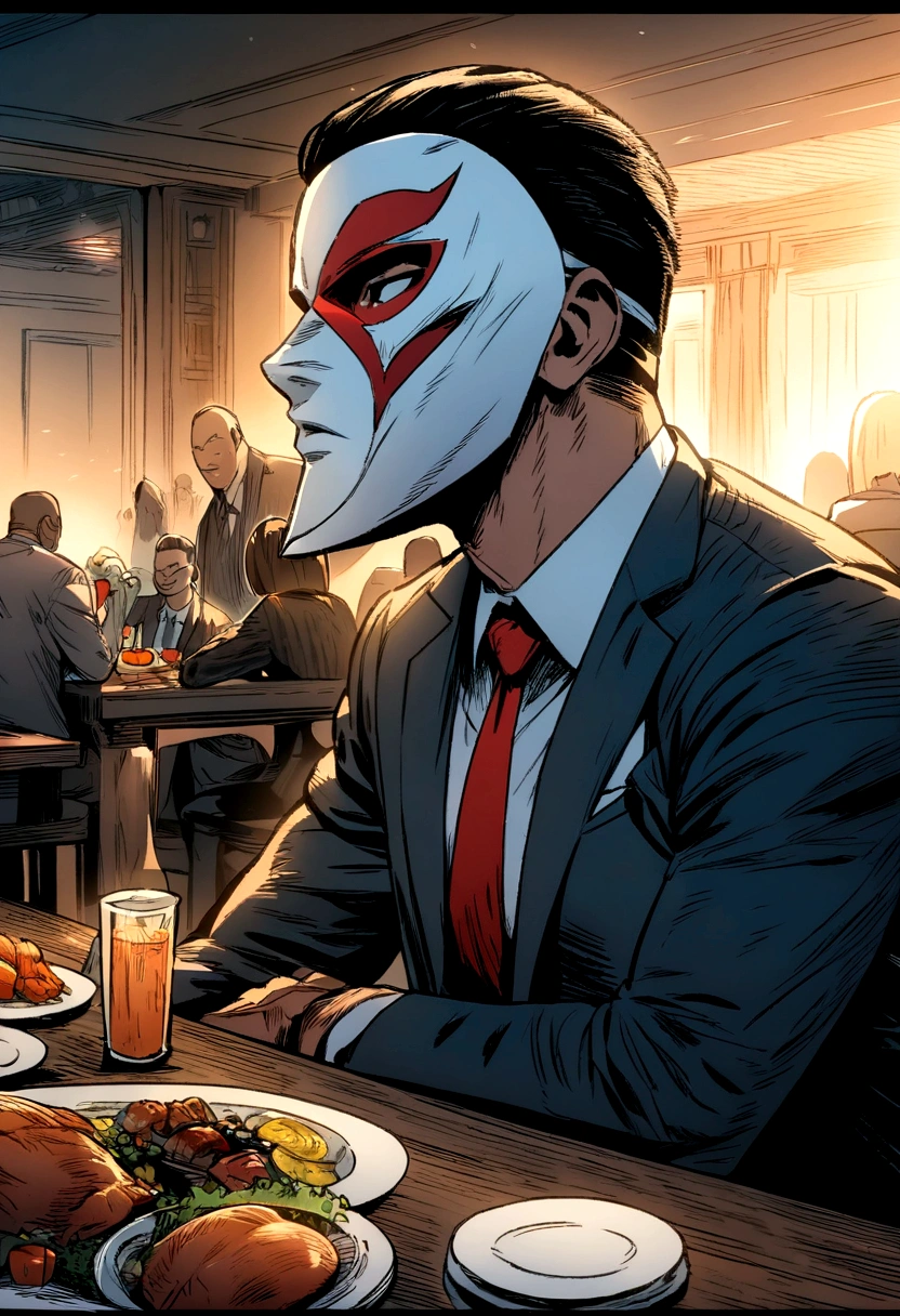 comic artwork of a man in a business suit, wearing a wrestling mask, sitting at a dinner table, crosshatching, 2D, Sharp, Detailed, HD, HDR, High Quality, High Resolution, Masterpiece, single panel