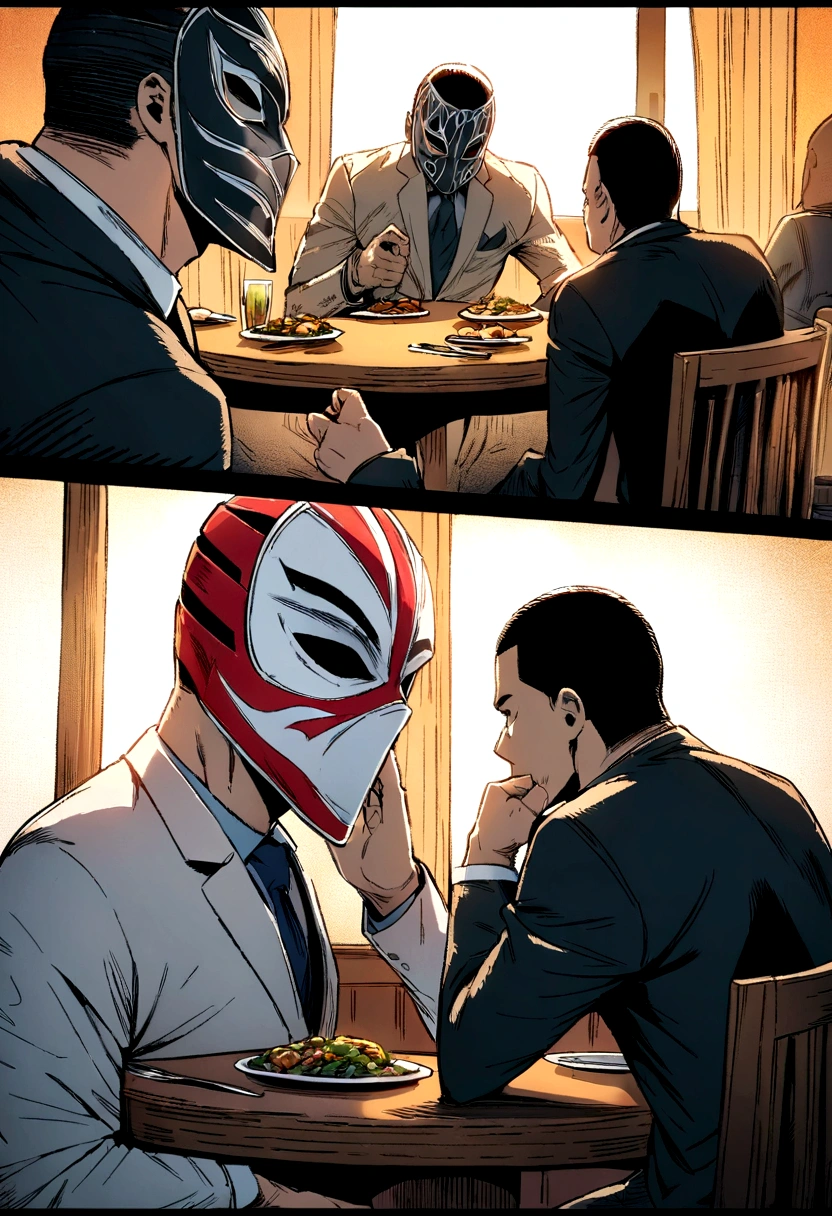 comic artwork of a man in a business suit, wearing a wrestling mask, sitting at a dinner table, crosshatching, 2D, Sharp, Detailed, HD, HDR, High Quality, High Resolution, Masterpiece, single panel