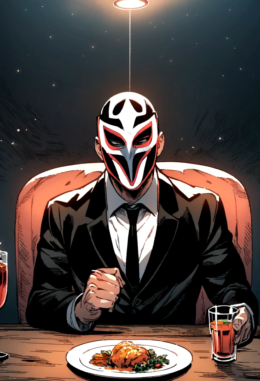 comic artwork of a man in a business suit, wearing a wrestling mask, sitting at a dinner table, crosshatching, 2D, Sharp, Detailed, HD, HDR, High Quality, High Resolution, Masterpiece, single panel