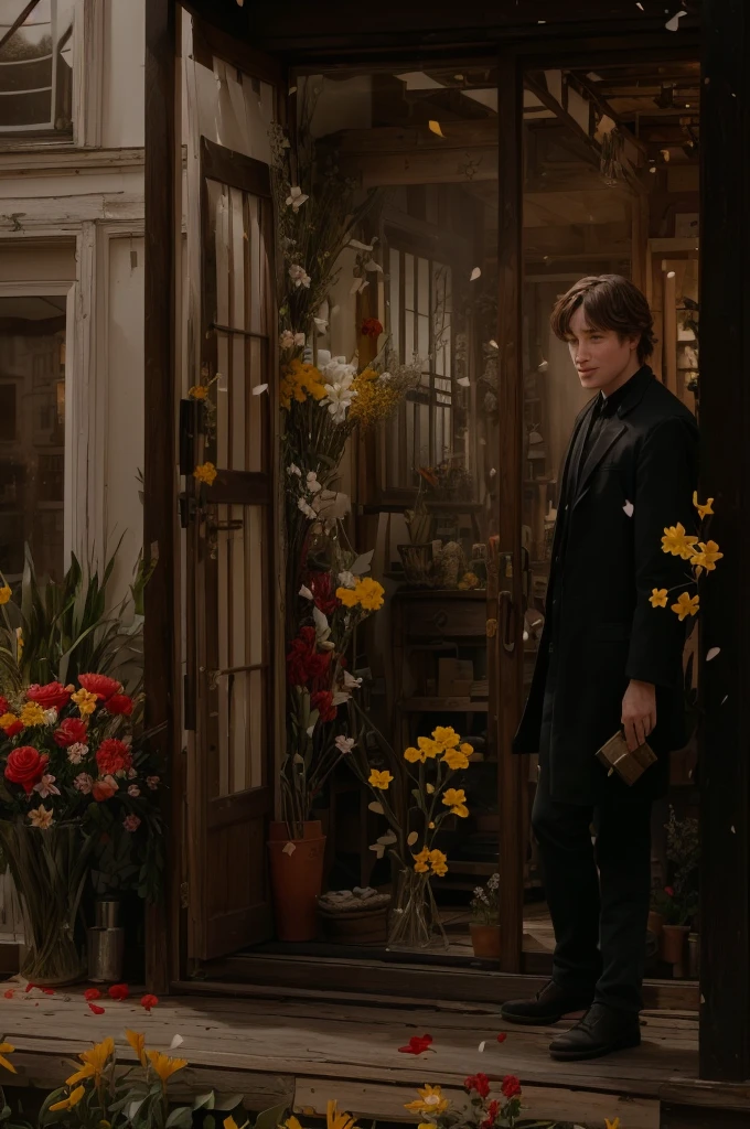 there is a small wooden building with a bunch of yellow and red flowers on it, flower shop scene, inside an old magical shop, the most beautiful scene, flowers exploding and spraying, a still of an ethereal, opening scene, petals falling everywhere, there's flowers everywhere, movie screen shot, still frame from a movie, detailed scene, houdini vfx, cottagecore, magical scene