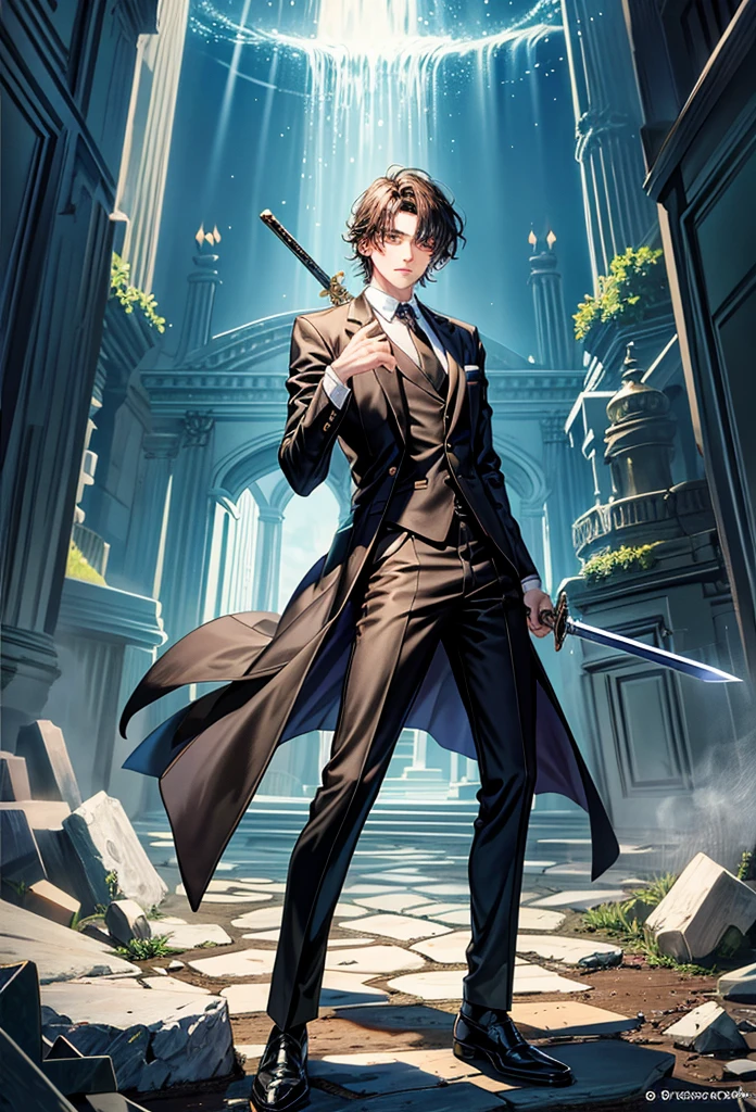 masterpiece, high quality, 20 years old man wearing a black suit jacket, with sword