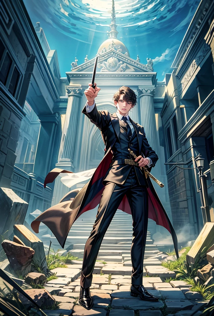 masterpiece, high quality, 20 years old man wearing a black suit jacket, with sword