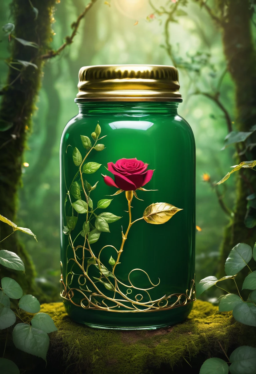 A mysterious image with forest green color as background. With some golden vines that serves as borders. In the middle, there is a shining small jar with a thorn rose sprouting from its mouth. Overall, this image has mystical vibes.