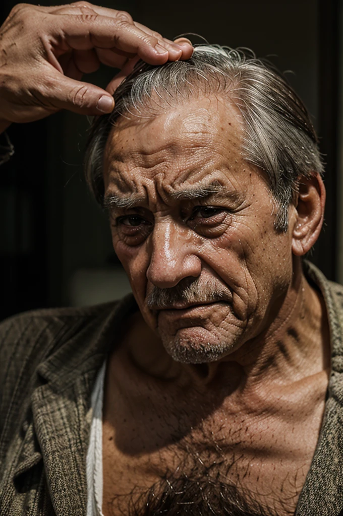 Realistic picture of an old man crying