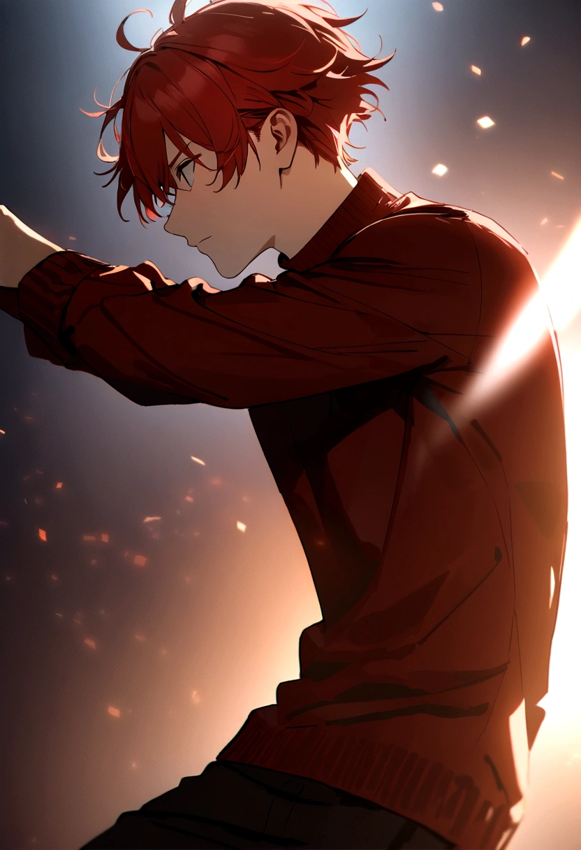 young red-haired man, in red turtleneck shirt, gold color, dynamic pose, side view, light background, front lighting, medium shot, high quality photo --ar 2:3 --v 5