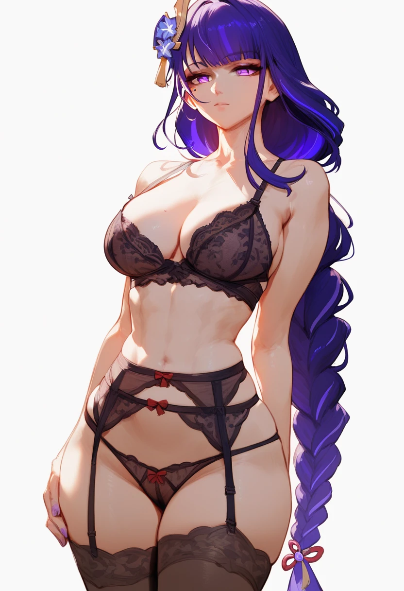 (score_9,score_8_up,score_7_up,),raiden shogun, genshin impact, lingerie,big tits, standing, , white background, garter belts, 