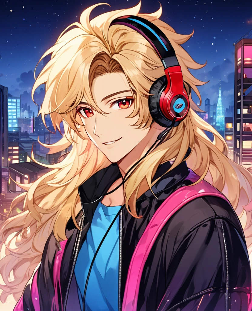 (Blonde_hair),(long_male_hair), (red_vibrant_eyes), (detailed_eyes), (warm_smile), (attractive), (background_colorful_night_city), (male), (detailed_Hair), (detailed), (wears_80's_outfit), (uses_headphones)