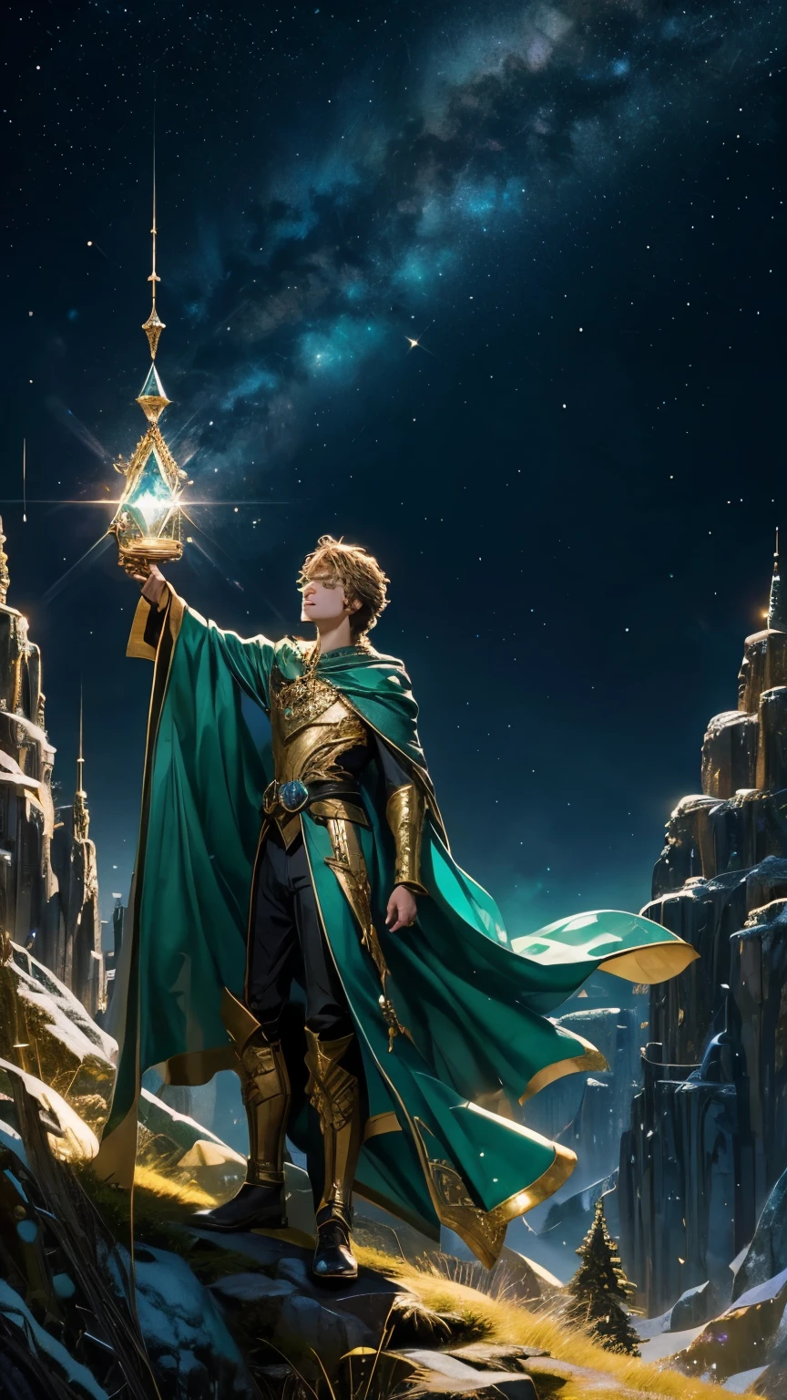 Highest quality,One boy,Emerald Starry Sky,Gold decoration,gem,shine,Fantasy,Geometric pattern,Looking up at the sky,Vision,traveller,Wizard
